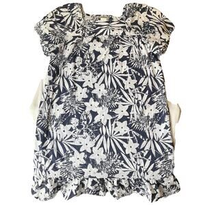CW Classics Women Midi Dress L Navy Floral Shift Ruffle Short Sleeve